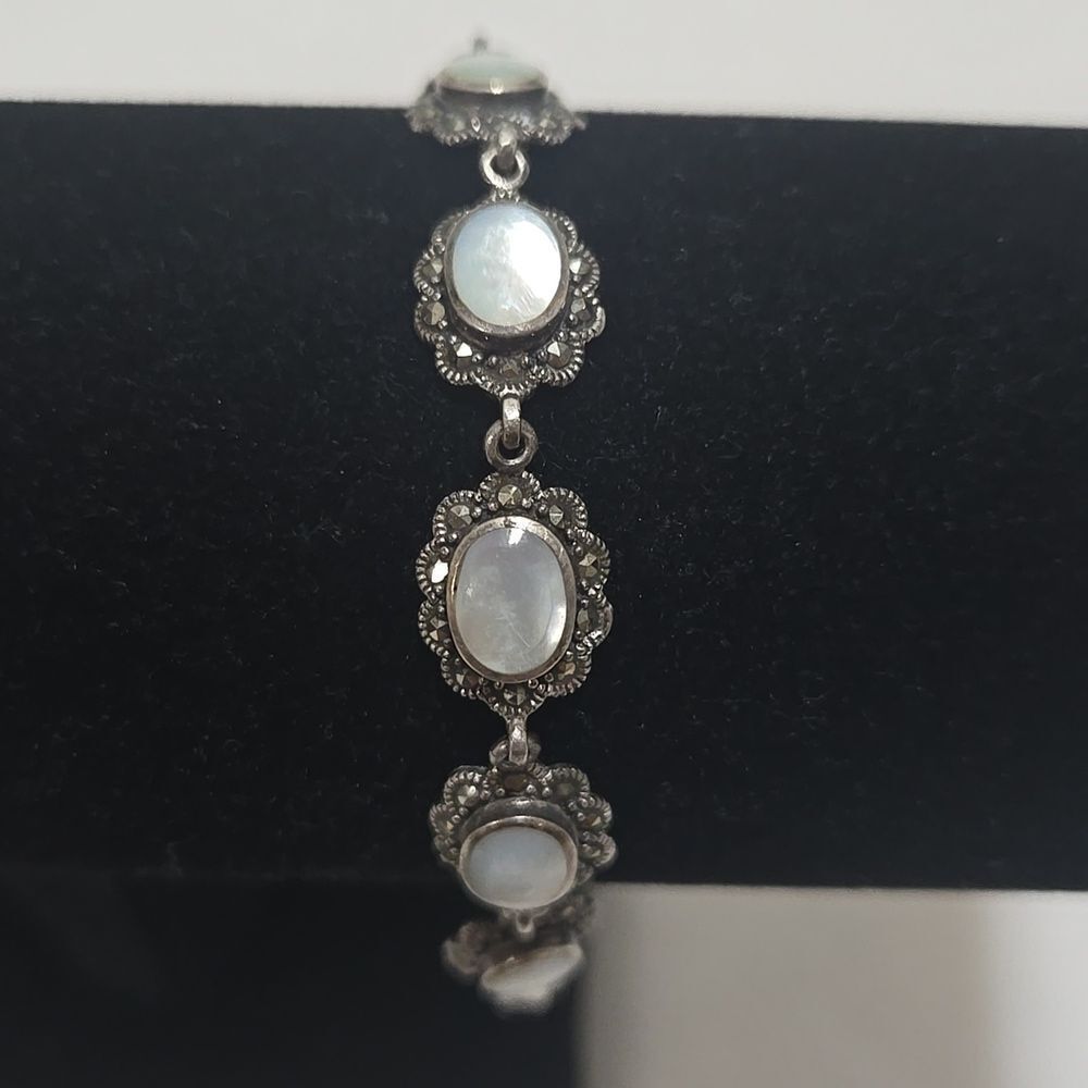 Art Deco Sterling Silver Moonstone And Marcasite Bracelet - Picture 2 of 8